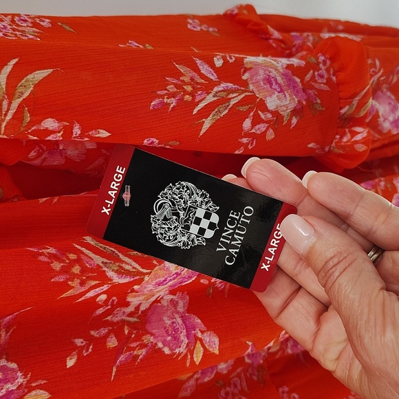 Vince Camuto Orange Floral Dress Size XL Sheer Long Sleeve Flowy V Neck Tiered - Picture 8 of 12